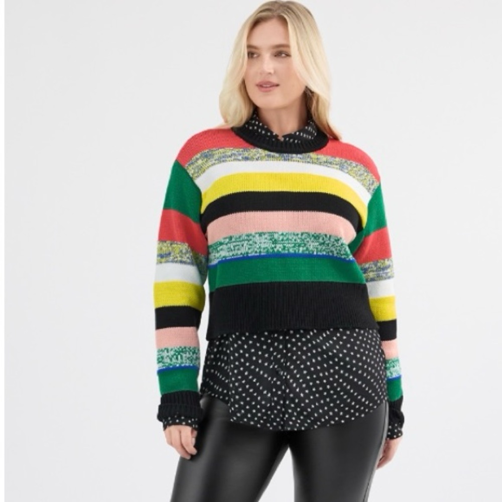 CAbi Cropped Multi Stripe Crew Neck Sweater